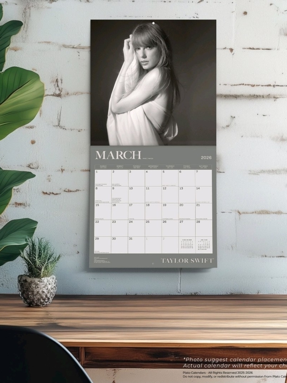 Taylor Swift Gray and White Wall Calendar - Monthly 2026